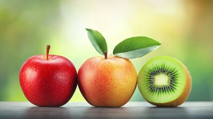 Wall Mural - Three apples and a kiwi are displayed on a table