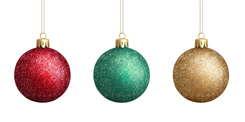 Three glittery Christmas ornaments in red, green, and gold colors, isolated on a transparent and white background, PNG