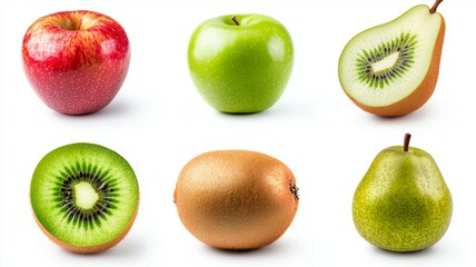 A close up of six different types of fruit, including apples, pears, and kiwis