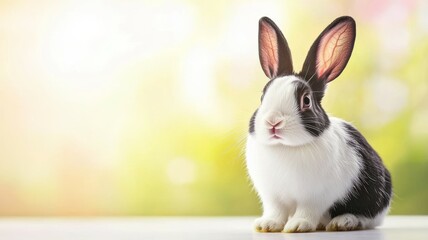 Wall Mural - A white and black rabbit is sitting on a table