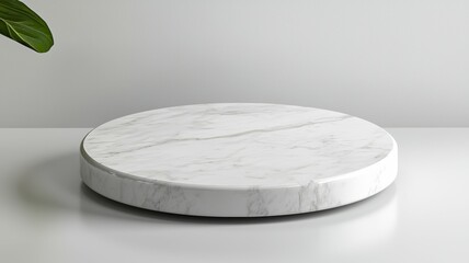 Poster - A white marble round table with a green leaf on top