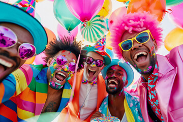 A group of men are wearing colorful clothing and sunglasses