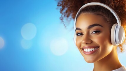 Sticker - A woman with curly hair is smiling and wearing headphones