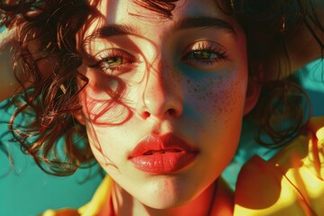 Poster - A close-up shot of a woman's face with visible freckles, suitable for beauty and lifestyle themes