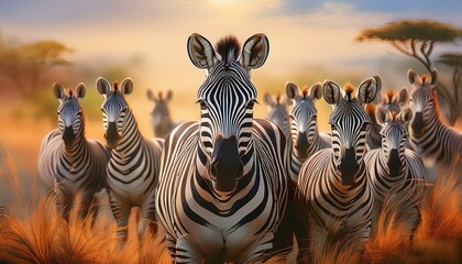 a herd of zebras in the foreground, their black and white stripes creating a striking patter