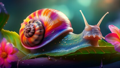  A hyperrealistic graphic art depiction of a multicolored snail perched on a leaf, delicately