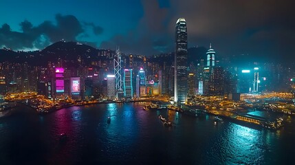 Wall Mural - An aerial view of vibrant Hong Kong skyline at dusk, showcasing its stunning lights.