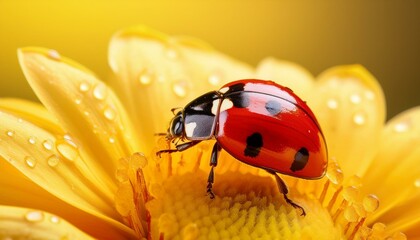 Wall Mural - Detailed shot of a ladybug resting on a yellow flower petal, the focus on the ladybug’s glos