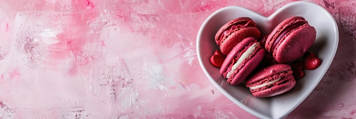 Poster - Heart-shaped dish with homemade macaroons displayed on a flat lay background, featuring empty space for a Valentine's Day theme.