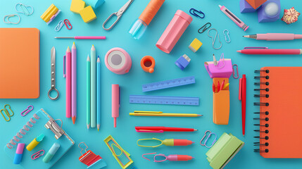 Wall Mural - close up of a stack of colorful school supplies 