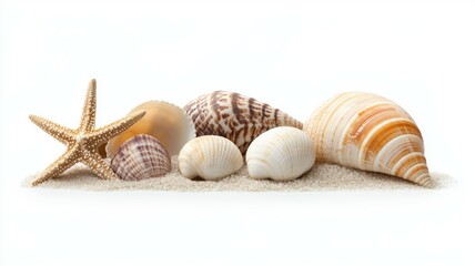 Wall Mural - A collection of seashells and starfish on a white background