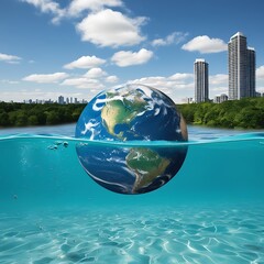 A globe partially submerged in water, symbolizing rising sea levels and climate change impacts (9)