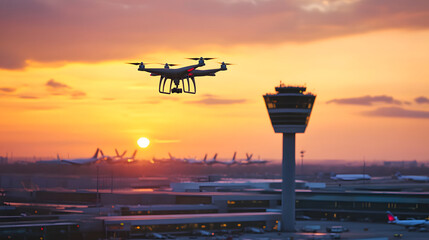 A drone flying near the control tower at a modern airport, taking detailed photographs of the terminal buildings, airplanes, and surrounding infrastructure during sunset.