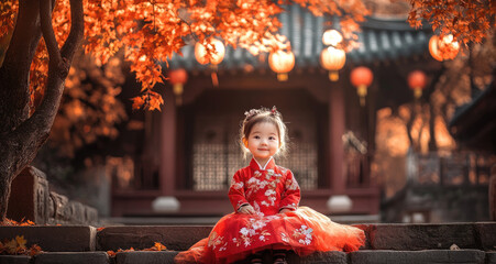 Wall Mural - Portrait of a happy, cute little Korean baby girl wearing a red hanbok