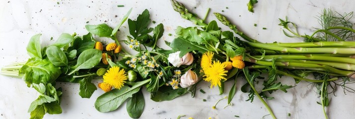 Canvas Print - Spring Detox Salad Featuring Dandelion, Asparagus, Wild Garlic, Edible Flowers, Nettle, and Cream Cheese