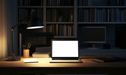 A laptop with a blank screen sits on a wooden desk in a dimly lit room with a desk lamp.