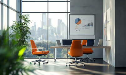 Modern office interior design with cityscape view and orange chairs.