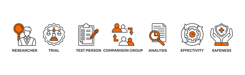 Clinical study banner web icon vector illustration concept for clinical trial research with an icon of researcher, trial, test person, comparison group, analysis, effectivity, and safeness