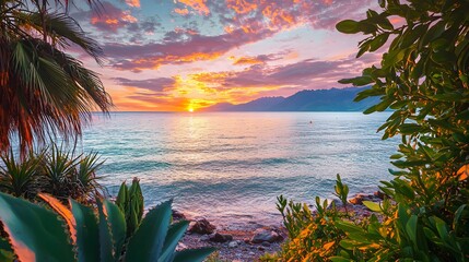 Golden Hour Paradise: A breathtaking sunset paints the sky in vibrant hues as the sun dips below the horizon, casting a warm glow over the tranquil turquoise waters of a tropical paradise. Lush foliag