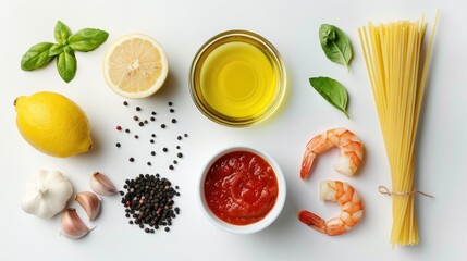 Cooking Ingredients Shrimp spaghetti basil tomato sauce lemons oil black pepper on white background