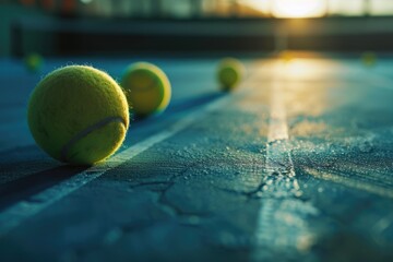 Wall Mural - A collection of tennis balls resting on the surface of a tennis court, ready for play