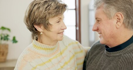 Sticker - Love, hugging and senior couple in the kitchen for a meal for dinner, lunch and supper. Smile, happy and elderly man and woman in retirement embracing for romance in modern home together.