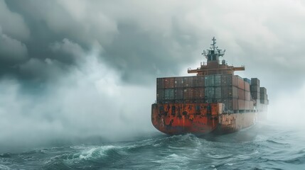 A large cargo ship sails gracefully across the sunset-lit ocean, its silhouette stark against the vibrant sky, symbolizing global transportation and trade.