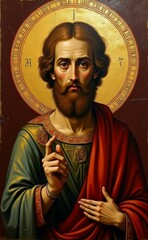 A painting of Jesus Christ with a beard and red robe