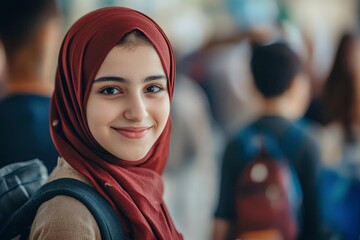 Wall Mural - Selective focus on Arab student at school with students and classmates in diverse origins such as Africa, Asian, South America and other origin ideal for diversity concept with generative ai