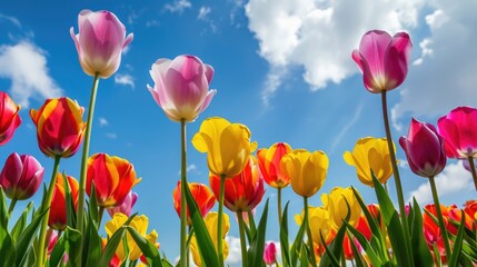 Wall Mural - Multicolored tulips against blue sky with selective focus