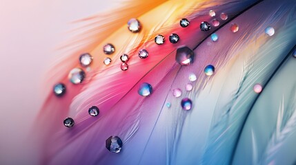 Wall Mural - A vibrant close-up of colorful feathers adorned with sparkling droplets.