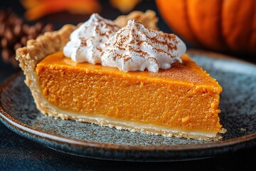 Pumpkin pie, tart made for Thanksgiving day with whipped cream on a white plate. Grey stone background