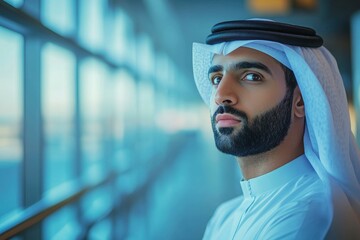 Travelling Arabic man thinking while inside airport wearing traditional kandora thawb menswear with generative ai