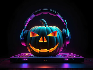 abstract neon Holographic Halloween pumpkin on dj table with headphones dark background