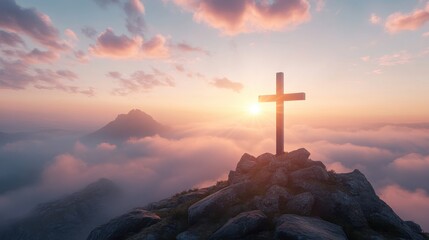 Wall Mural - Cross on Mountain Peak at Sunset with Clouds