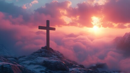 Wall Mural - Wooden Cross on Mountain Peak at Sunset with Clouds