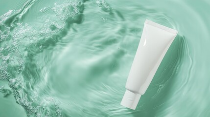 A creamy cosmetic tube floating in water on a soothing light green background, viewed from above, creating a fresh and clean look