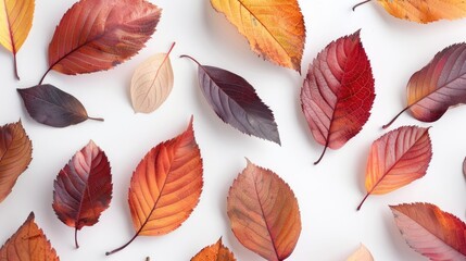 Photograph of autumn leaves tinted with color on a white backdrop