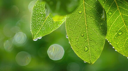 Wall Mural - Photos of leaves with dew and bokeh background