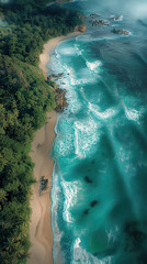 Wall Mural - Aerial top view on sand beach. Tropical beach with white sand turquoise sea, palm trees under sunlight. Drone view, luxury travel destination scenic, vacation landscape. Amazing nature paradise island