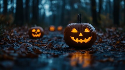 Poster - Jack O Lantern Halloween Pumpkin in Forest