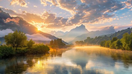 Wall Mural - Picturesque sunrise landscape with river mountains sky clouds and trees