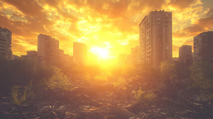 A cityscape at sunset with debris in the foreground.