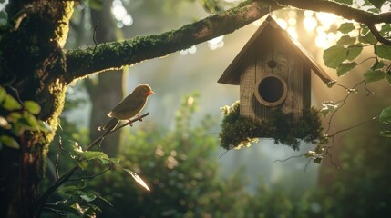 Poster - Bird Perched On Branch With Birdhouse In The Sunlight.