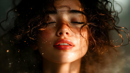 Canvas Print - A close-up portrait of a woman with curly hair, closed eyes, and a soft expression.  Her skin is glowing in the sunlight.