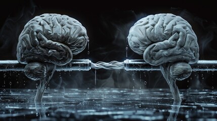 Two brains connected by neural pathways, symbolizing neuroscience, artificial intelligence, and brain-to-brain communication in a digital context.