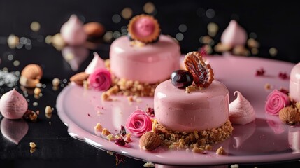 Wall Mural - Pink cakes adorned with nuts dry rose mousse mirror glaze and cookies on a black backdrop