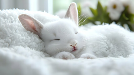 Sticker - A cute white bunny sleeping peacefully on a fluffy white blanket.