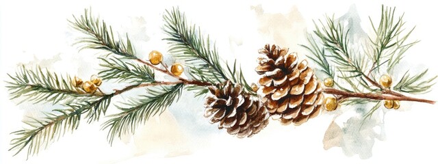 Wall Mural - Watercolor illustration of a fir branch with a cone and festive decorations on a light background