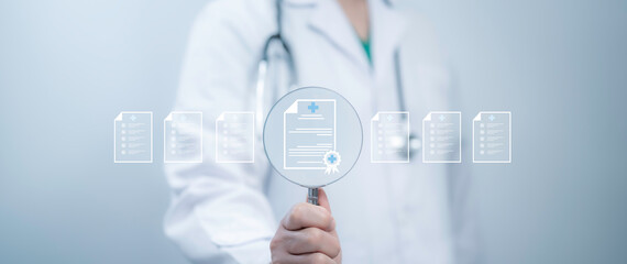 a medical worker holding magnifying glass with virtual quality certificate handling many checklist d